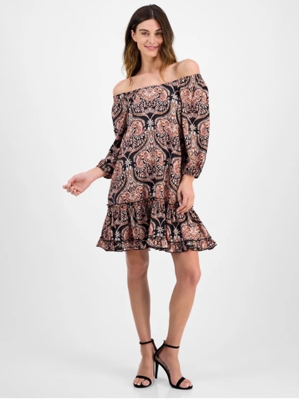 Paisley Off-Shoulder Ruffle Dress in Black and Blush